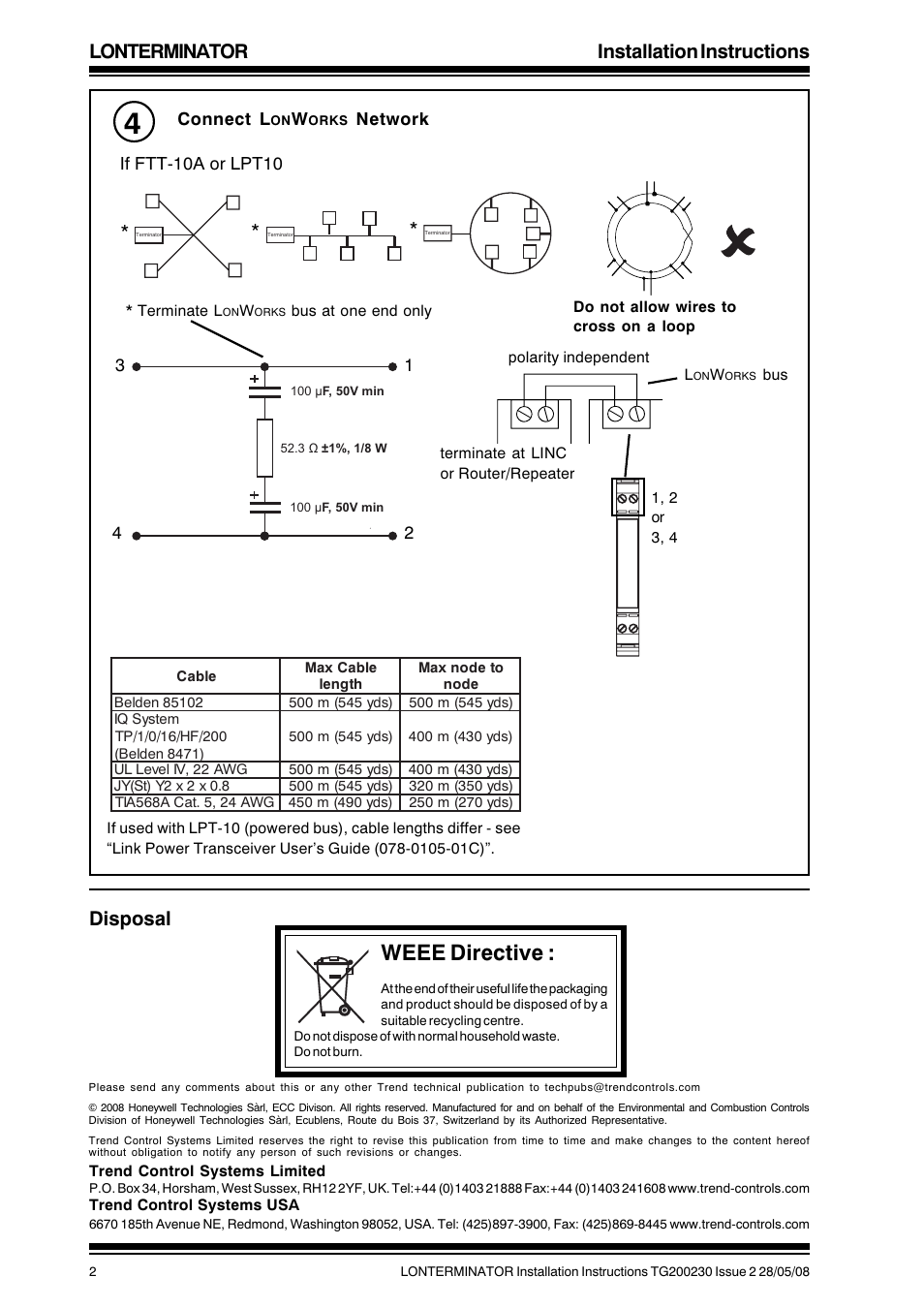 Weee directive, Lonterminator installation instructions, Disposal | If ftt-10a or lpt10 connect l, Network | TREND LONTERMINATOR User Manual | Page 2 / 2