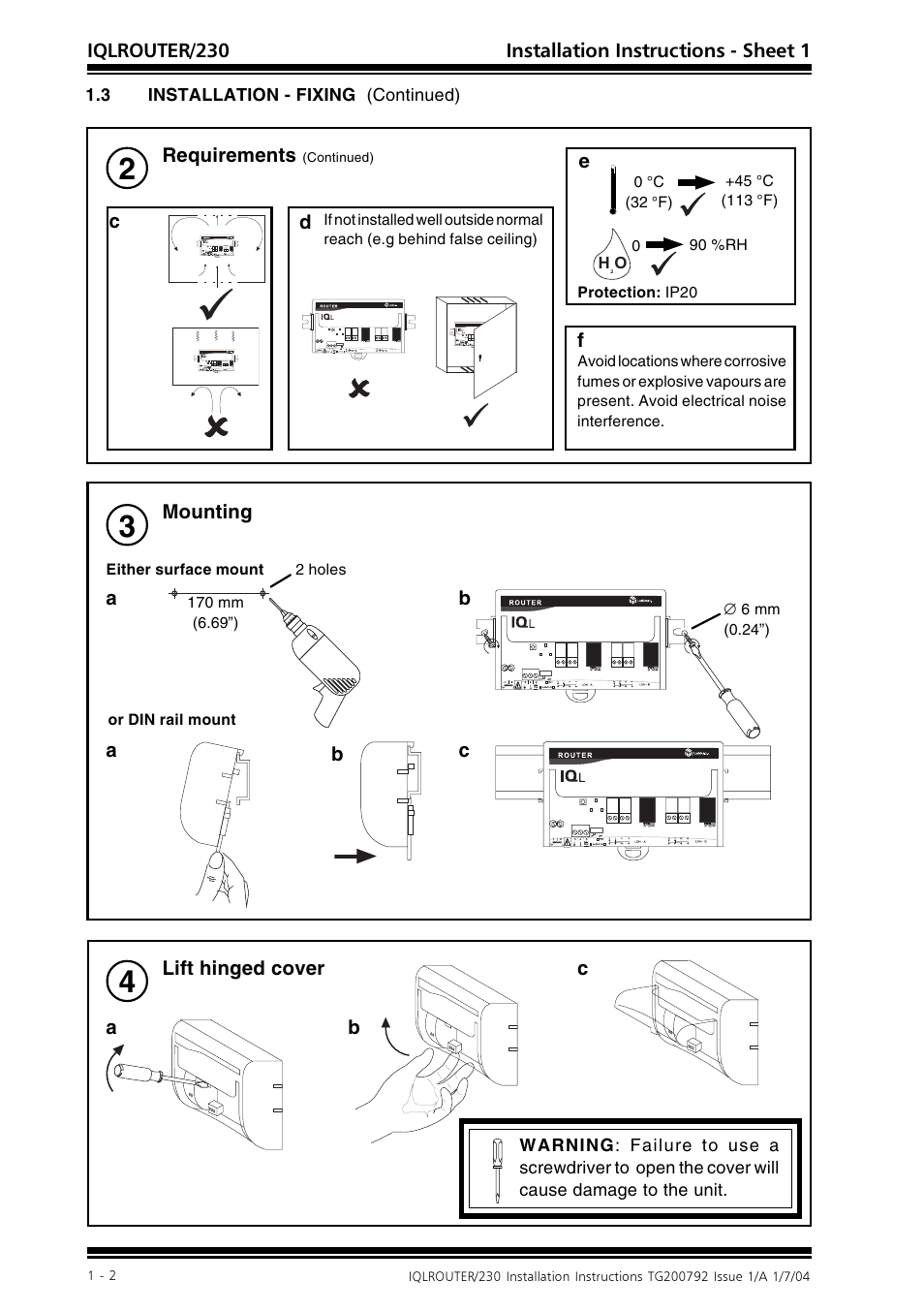 Iqlrouter/230 installation instructions - sheet 1, Mounting c, Requirements | Cb a lift hinged cover, Ba b | TREND IQLROUTER_230 User Manual | Page 2 / 8