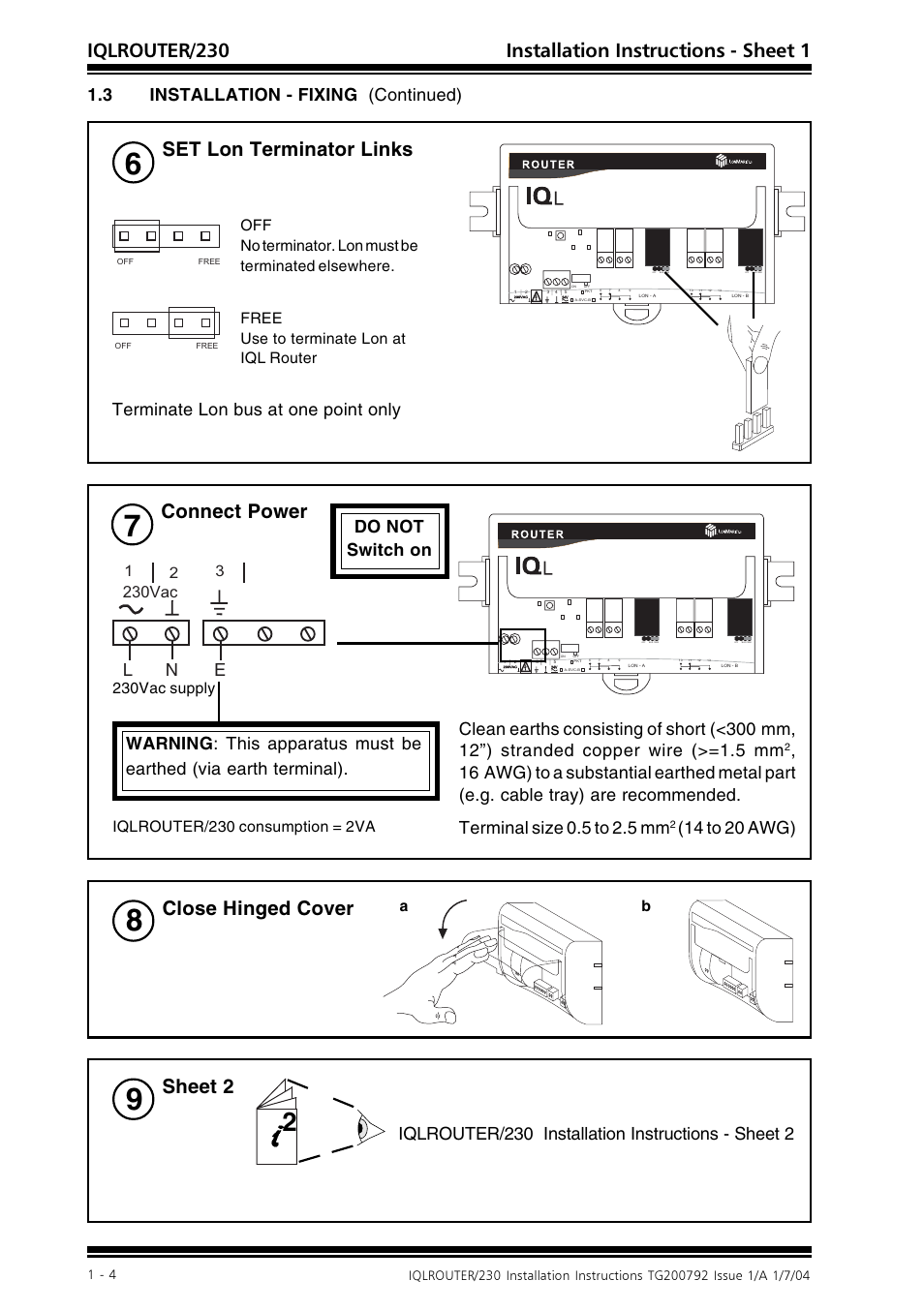Iqlrouter/230 installation instructions - sheet 1, Connect power, Set lon terminator links | Sheet 2, Close hinged cover, 3 installation - fixing (continued), Terminate lon bus at one point only, Iqlrouter/230 installation instructions - sheet 2, Do not switch on, Terminal size 0.5 to 2.5 mm | TREND IQLROUTER_230 User Manual | Page 4 / 8