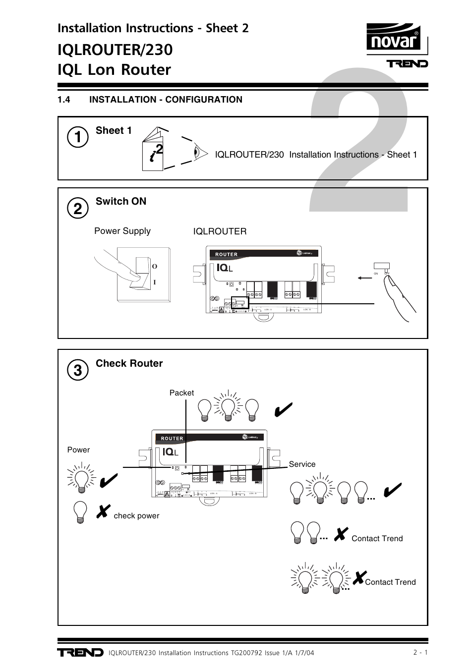 Iqlrouter/230 iql lon router, Installation instructions - sheet 2, Sheet 1 | Switch on, Check router | TREND IQLROUTER_230 User Manual | Page 5 / 8