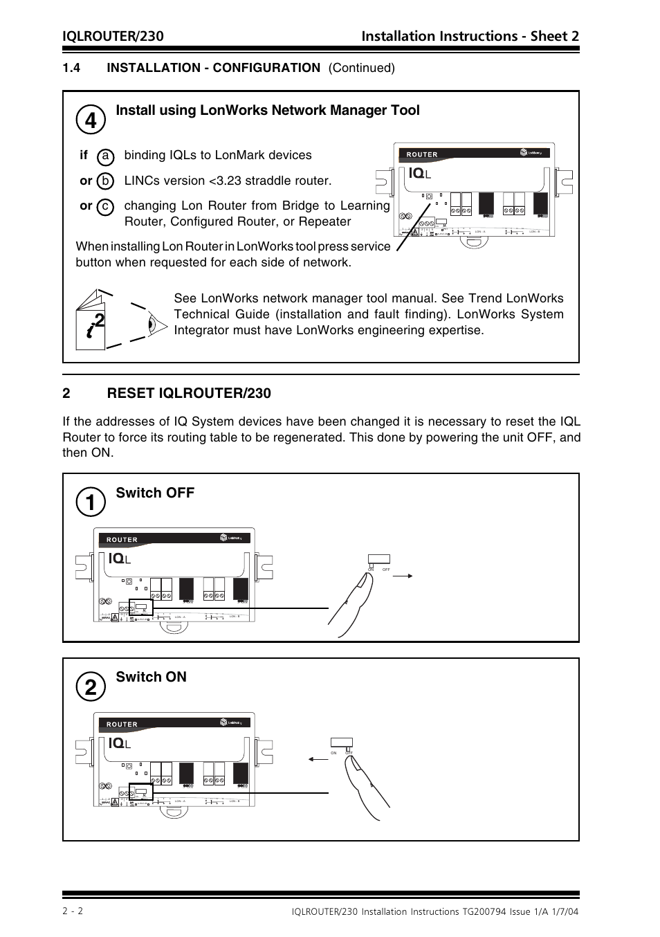 Iqlrouter/230 installation instructions - sheet 2, 2reset iqlrouter/230, Switch off | Switch on, Install using lonworks network manager tool, 4 installation - configuration (continued) | TREND IQLROUTER_230 User Manual | Page 6 / 8