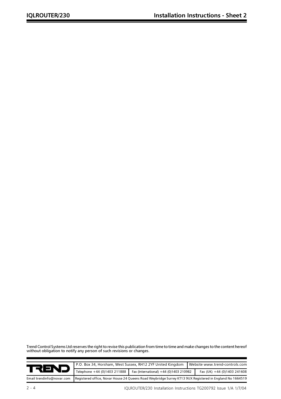 Iqlrouter/230 installation instructions - sheet 2 | TREND IQLROUTER_230 User Manual | Page 8 / 8