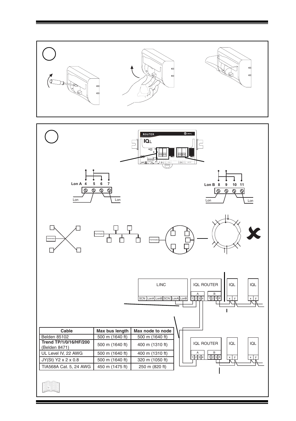 Connect lonworks bus, Lift hinged cover, 3 installation - mounting (continued) | Polarity independent, Network side a network side b | TREND IQLROUTER_..._24VAC User Manual | Page 3 / 8