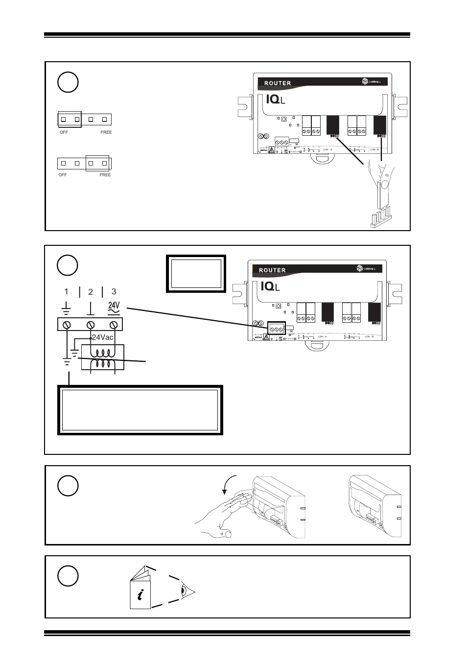 Connect power, Set lon terminator links, Sheet 2 | Close hinged cover, 2 4 v 1.3 installation - mounting (continued), 14 to 20 awg), Terminate lonworks bus at one point only, Do not switch on, 24vac, Iqlrouter/24 consumption =2va | TREND IQLROUTER_..._24VAC User Manual | Page 4 / 8