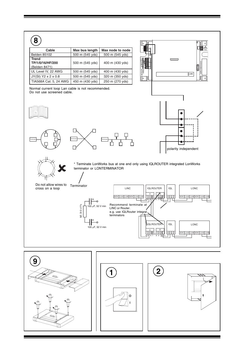 2 installation - configuration, Connect lonworks, Replace side covers | Switch off, Open panel | TREND NETB_LINC User Manual | Page 4 / 8