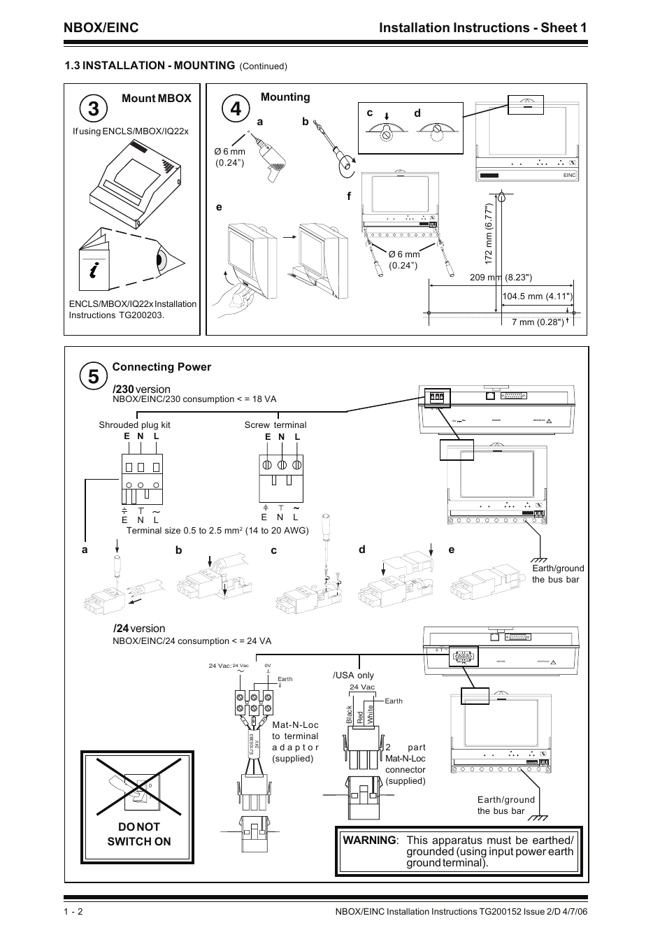 Nbox/einc installation instructions - sheet 1, Connecting power, 230 version | Ab d c e, 3 installation - mounting, Mount mbox, Mounting, Bc d, 24 version | TREND NBOX_EINC User Manual | Page 2 / 12