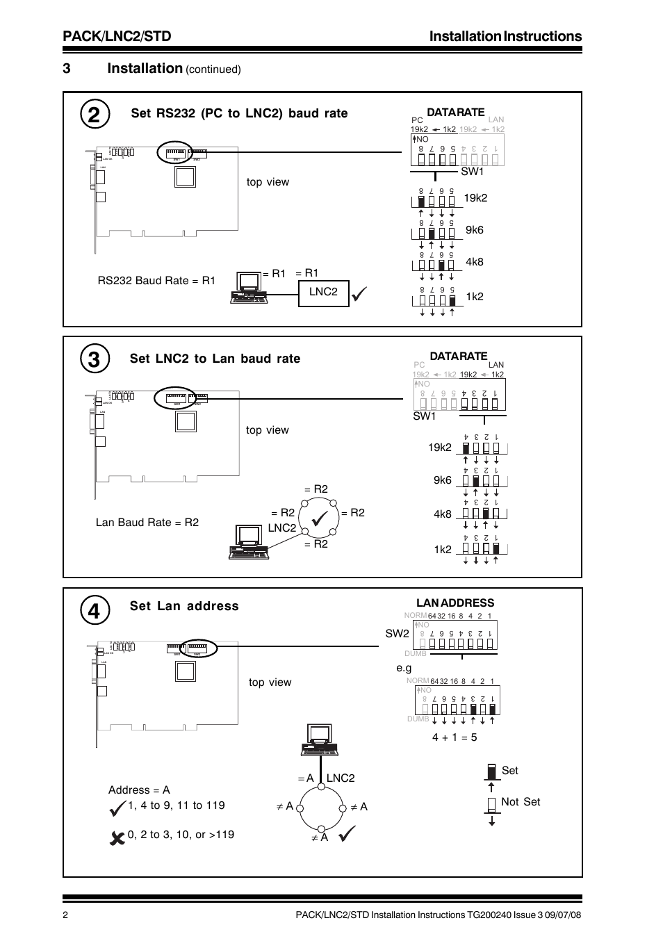 Pack/lnc2/std installation instructions, 3installation, Set rs232 (pc to lnc2) baud rate | Set lan address, Set lnc2 to lan baud rate, Continued) | TREND PACK_LNC2_STD User Manual | Page 2 / 8