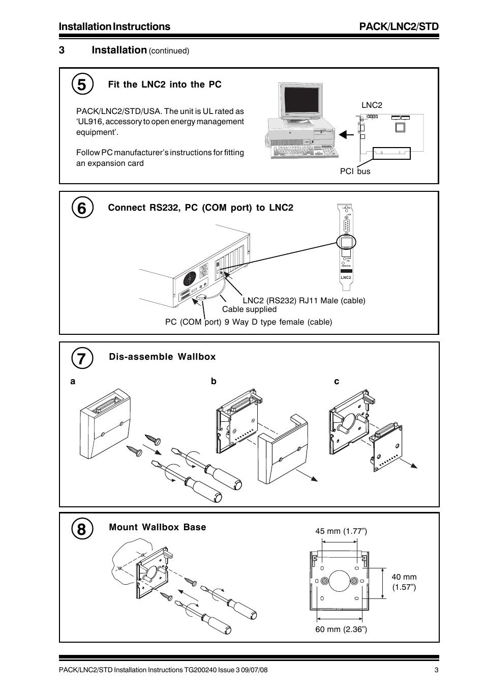 Installation instructions pack/lnc2/std, 3installation, Ab c dis-assemble wallbox | Fit the lnc2 into the pc, Continued), Lnc2 pci bus | TREND PACK_LNC2_STD User Manual | Page 3 / 8