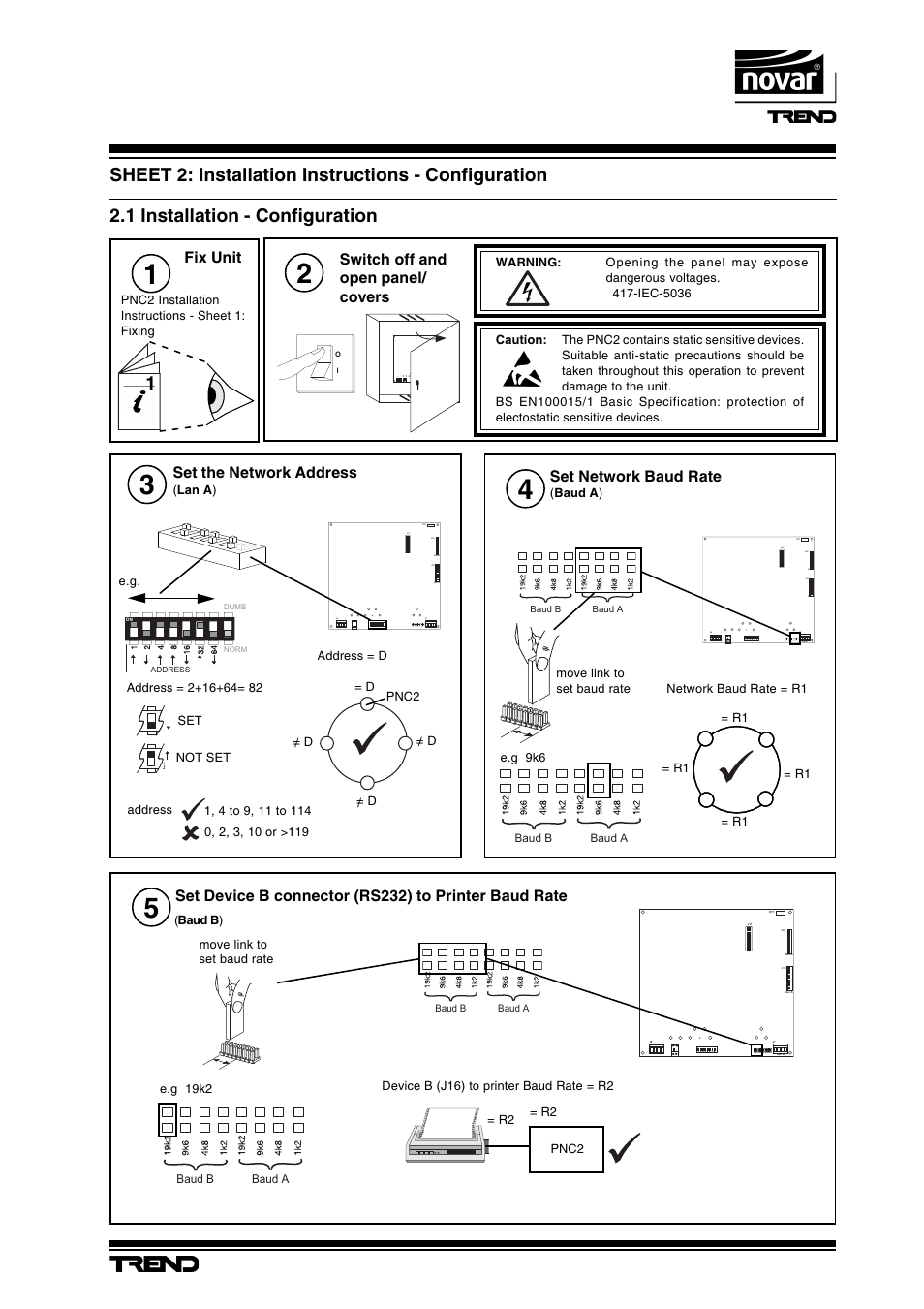 Pnc2, Printer node controller, Installation instructions - configuration | Sheet 2: installation instructions - configuration, 1 installation - configuration | TREND PNC2 User Manual | Page 5 / 8