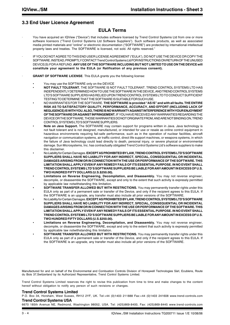 Iqview../sm installation instructions - sheet 3, 3 end user licence agreement eula terms | TREND IQView.._SM User Manual | Page 12 / 12