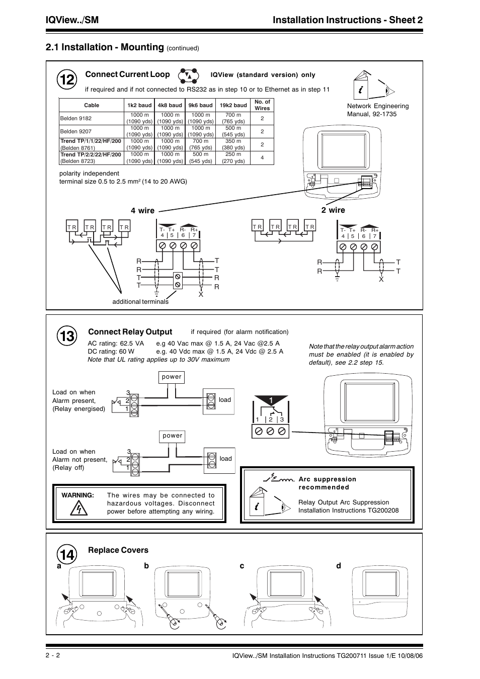 Iqview../sm installation instructions - sheet 2, 1 installation - mounting, 2 wire | Connect current loop, 4 wire, Connect relay output | TREND IQView.._SM User Manual | Page 6 / 12