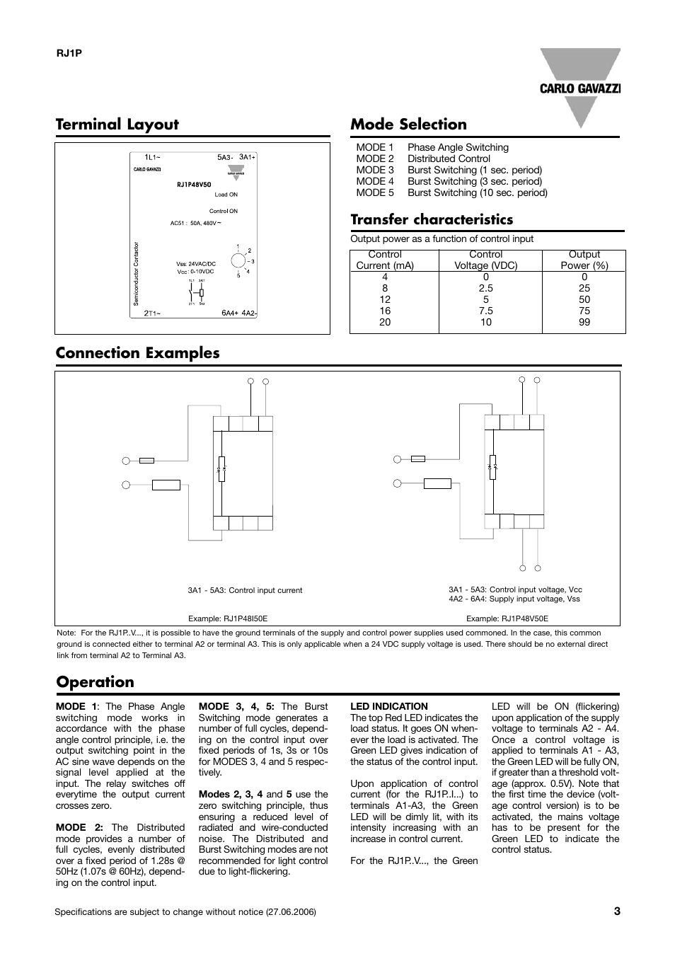 Connection examples, Terminal layout mode selection operation, Transfer characteristics | TREND RN User Manual | Page 5 / 11