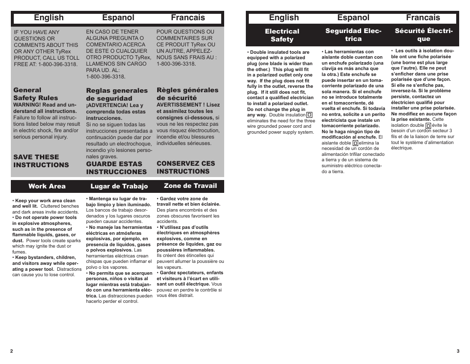 English espanol francais english espanol francais | Tyrex SG4000 User Manual | Page 2 / 10