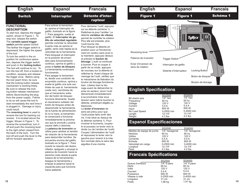 English espanol francais | Tyrex SG4000 User Manual | Page 7 / 10