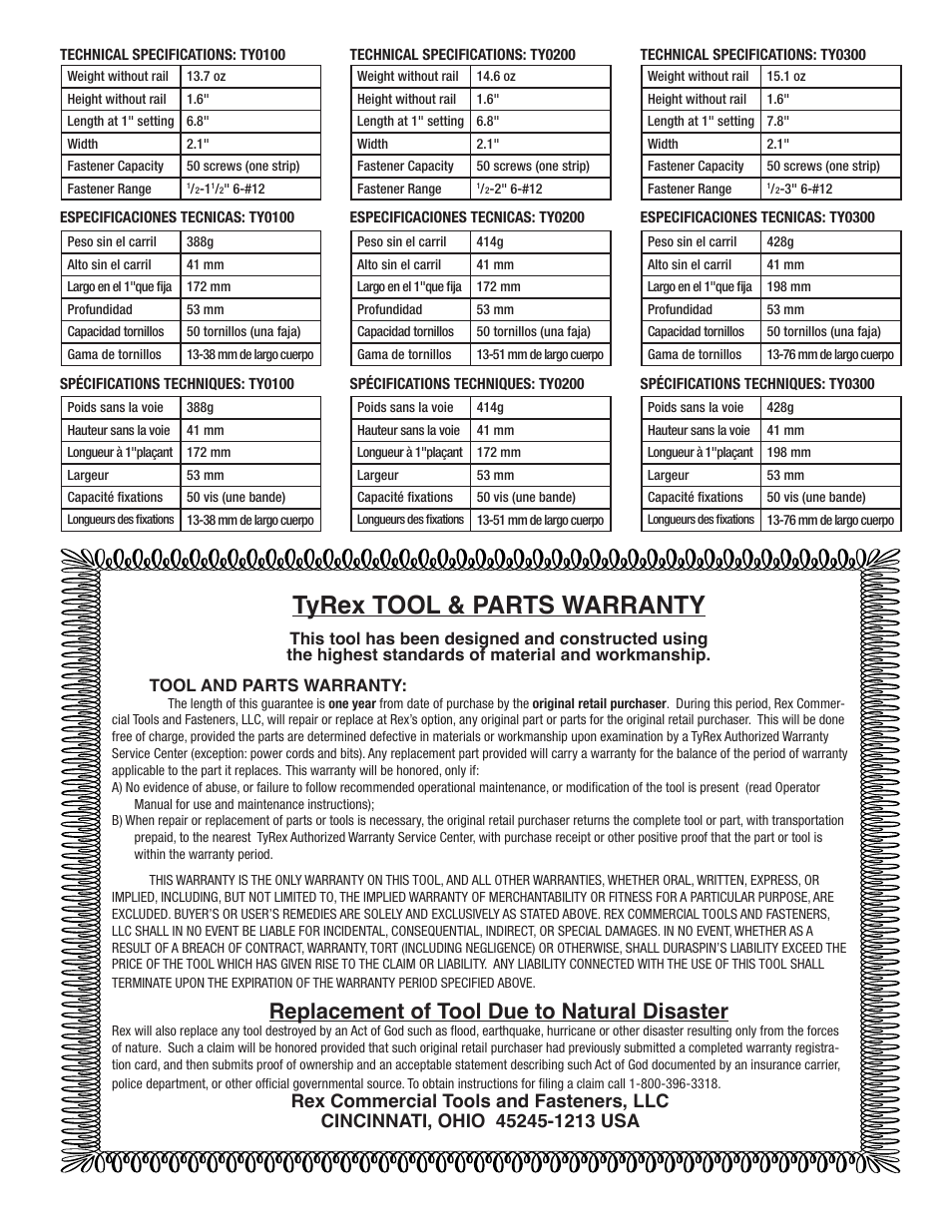 Tyrex tool & parts warranty, Replacement of tool due to natural disaster | Tyrex TY0200 User Manual | Page 6 / 6