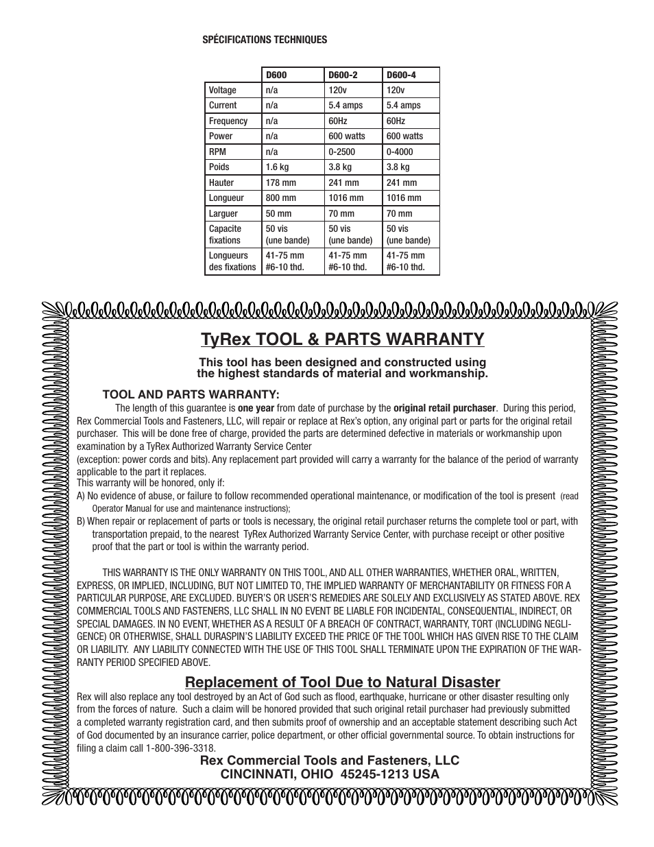 Tyrex tool & parts warranty, Replacement of tool due to natural disaster | Tyrex D600ATT User Manual | Page 12 / 12