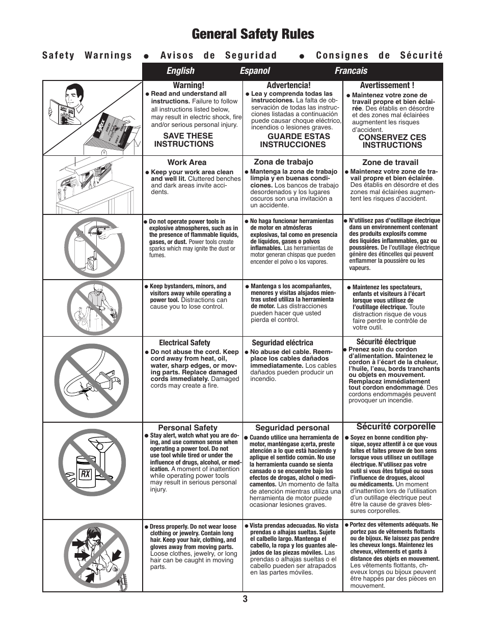 General safety rules, Avisos de seguridad, Consignes de sécurité | English espanol francais, Warning, Advertencia, Avertissement, Sécurité corporelle | Tyrex D600ATT User Manual | Page 3 / 12