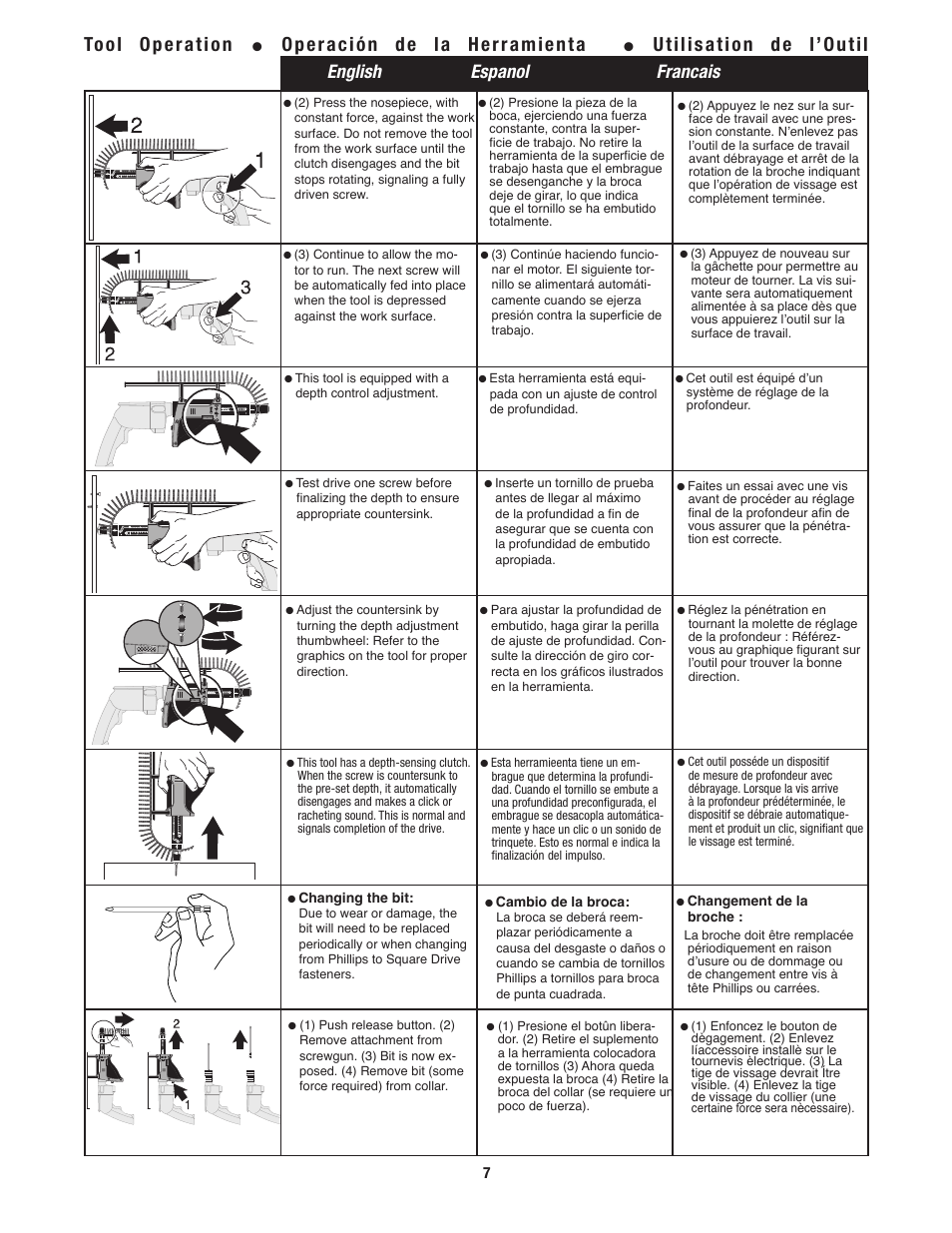 Tool operation, Operación de la herramienta, Utilisation de l’outil | English espanol francais | Tyrex D600ATT User Manual | Page 7 / 12