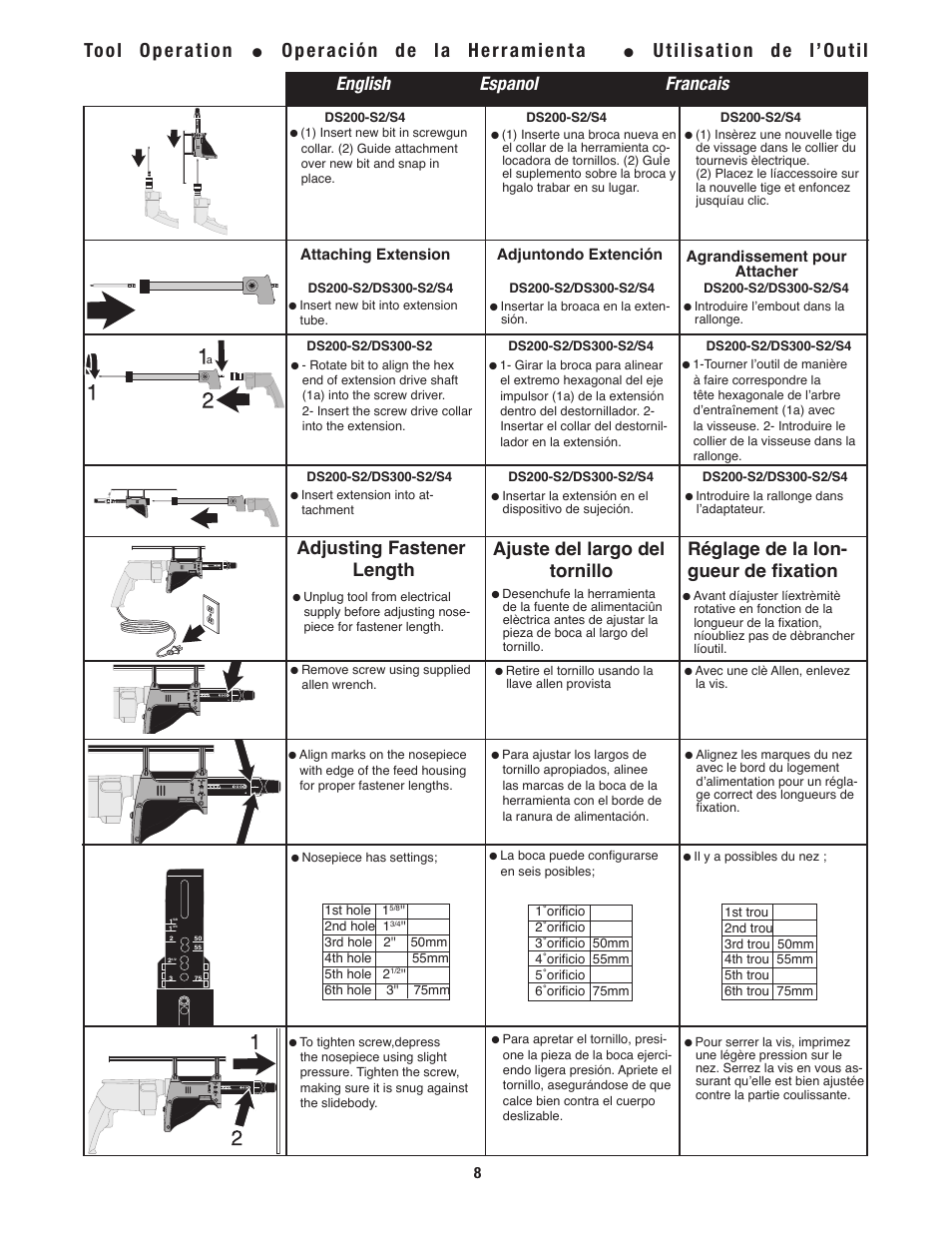 Tool operation, Operación de la herramienta, Utilisation de l’outil | English espanol francais, Adjusting fastener length, Ajuste del largo del tornillo, Réglage de la lon- gueur de fixation | Tyrex D600ATT User Manual | Page 8 / 12