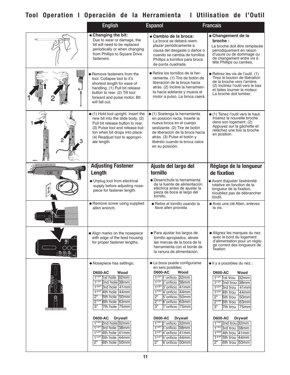 English espanol francais, Adjusting fastener length, Ajuste del largo del tornillo | Réglage de la longueur de fixation | Tyrex D600-AC User Manual | Page 11 / 16