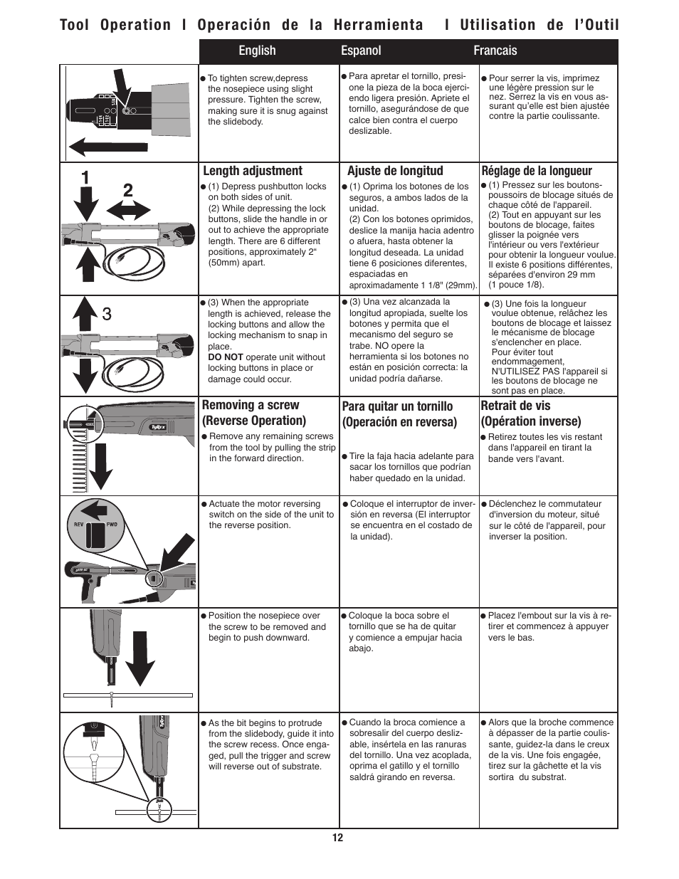 English espanol francais length adjustment, Removing a screw (reverse operation), Ajuste de longitud | Réglage de la longueur, Para quitar un tornillo (operación en reversa), Retrait de vis (opération inverse) | Tyrex D600-AC User Manual | Page 12 / 16