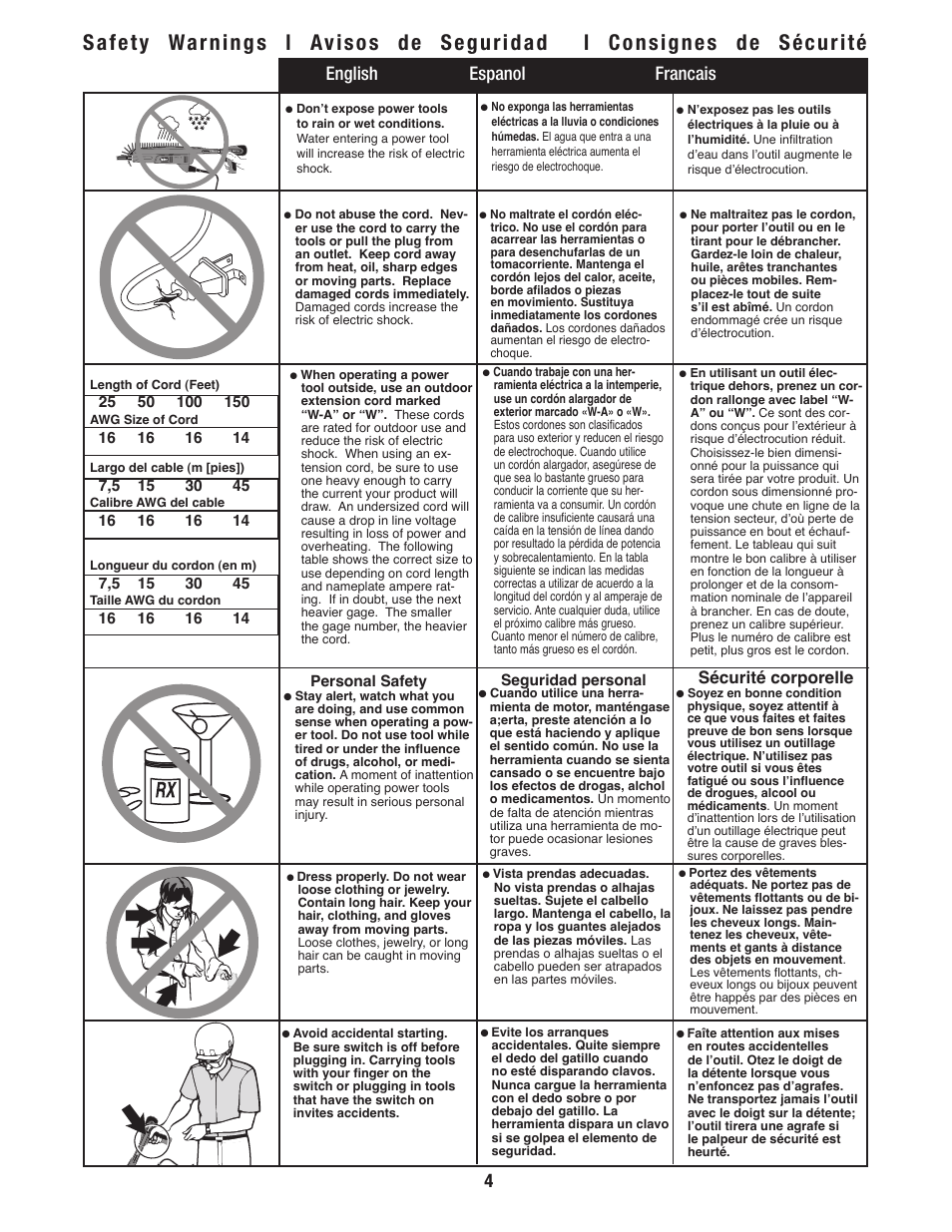 4english espanol francais, Sécurité corporelle | Tyrex D600-AC User Manual | Page 4 / 16