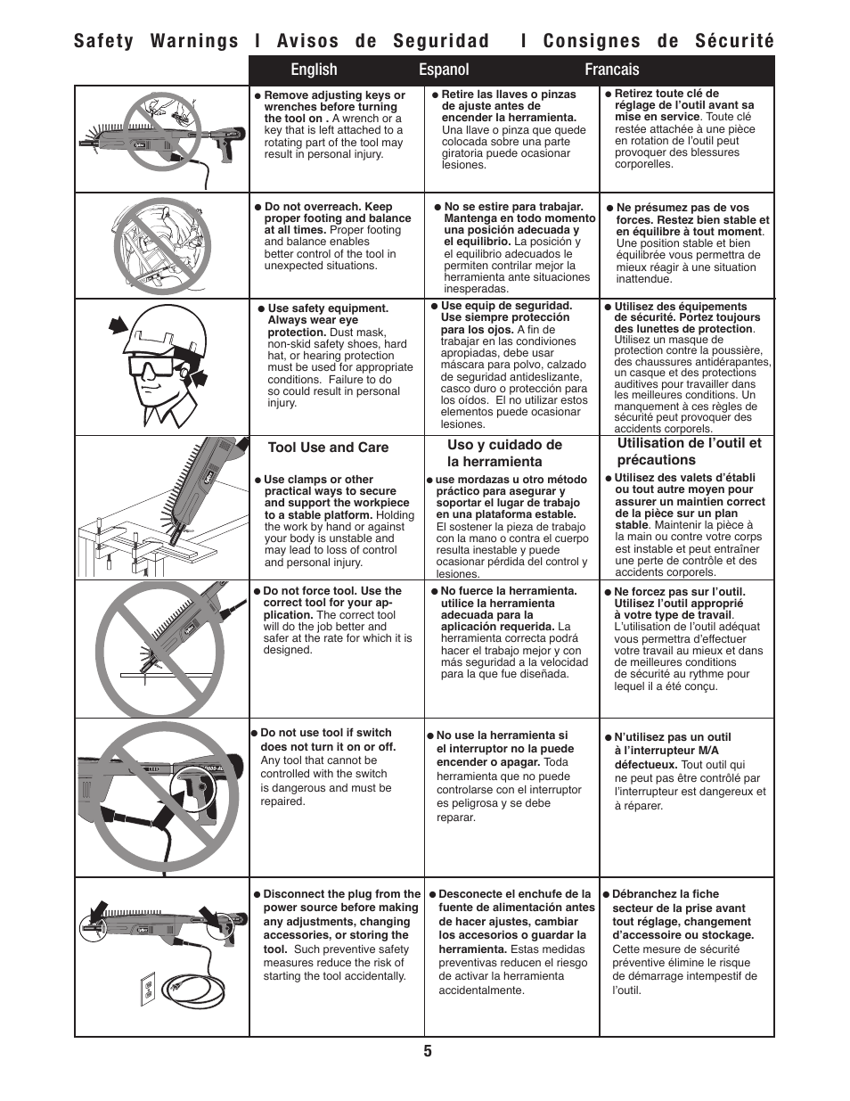 English espanol francais, Tool use and care, Uso y cuidado de la herramienta | Utilisation de l’outil et précautions | Tyrex D600-AC User Manual | Page 5 / 16