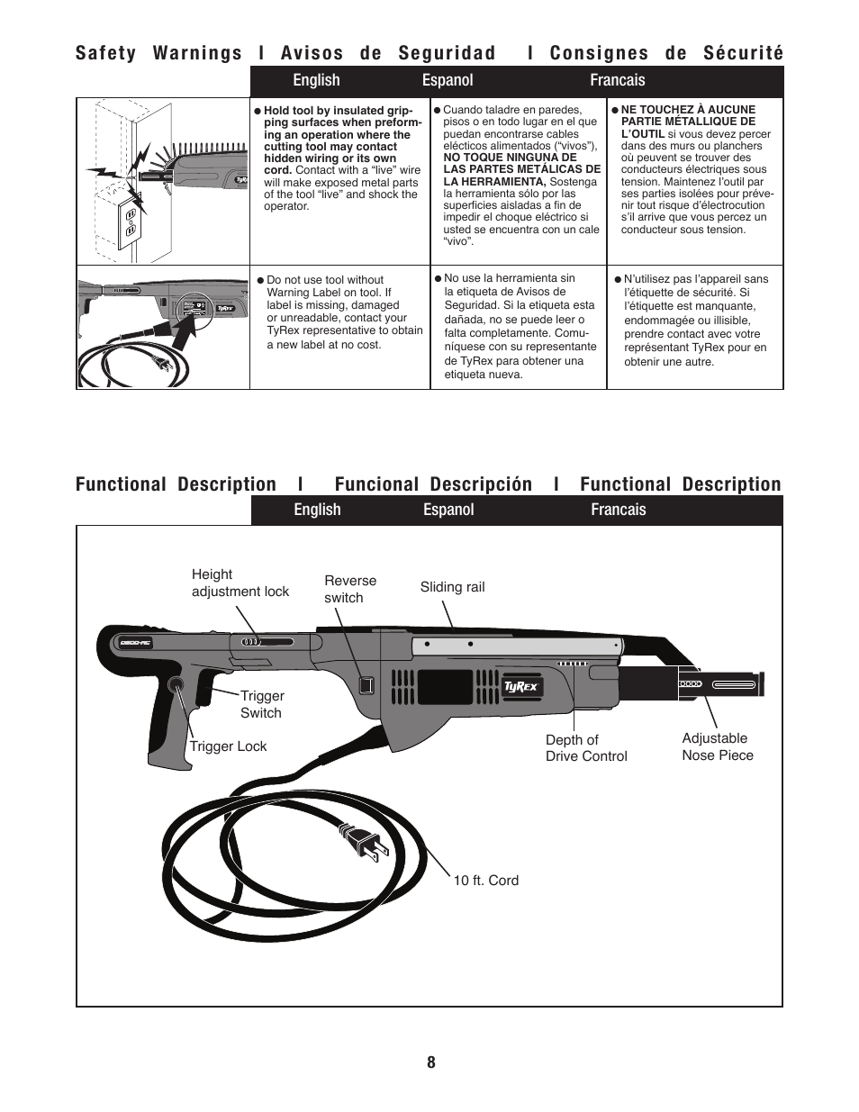 English espanol francais, English espanol francais 8 | Tyrex D600-AC User Manual | Page 8 / 16