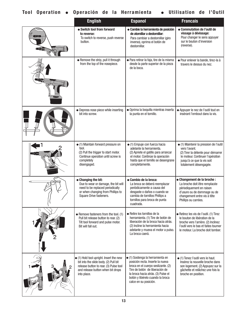 Tool operation, Operación de la herramienta, Utilisation de l’outil | English espanol francais | Tyrex D550-18V User Manual | Page 13 / 20