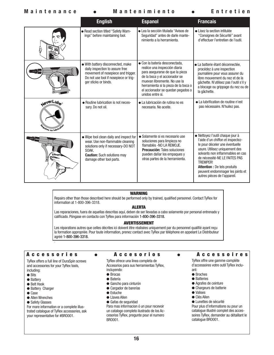 16 english espanol francais | Tyrex D550-18V User Manual | Page 16 / 20