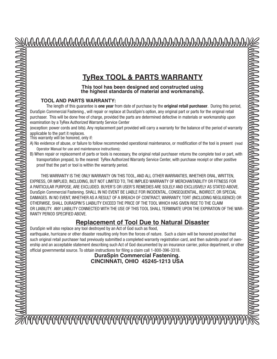 Tyrex tool & parts warranty, Replacement of tool due to natural disaster | Tyrex D550-18V User Manual | Page 20 / 20