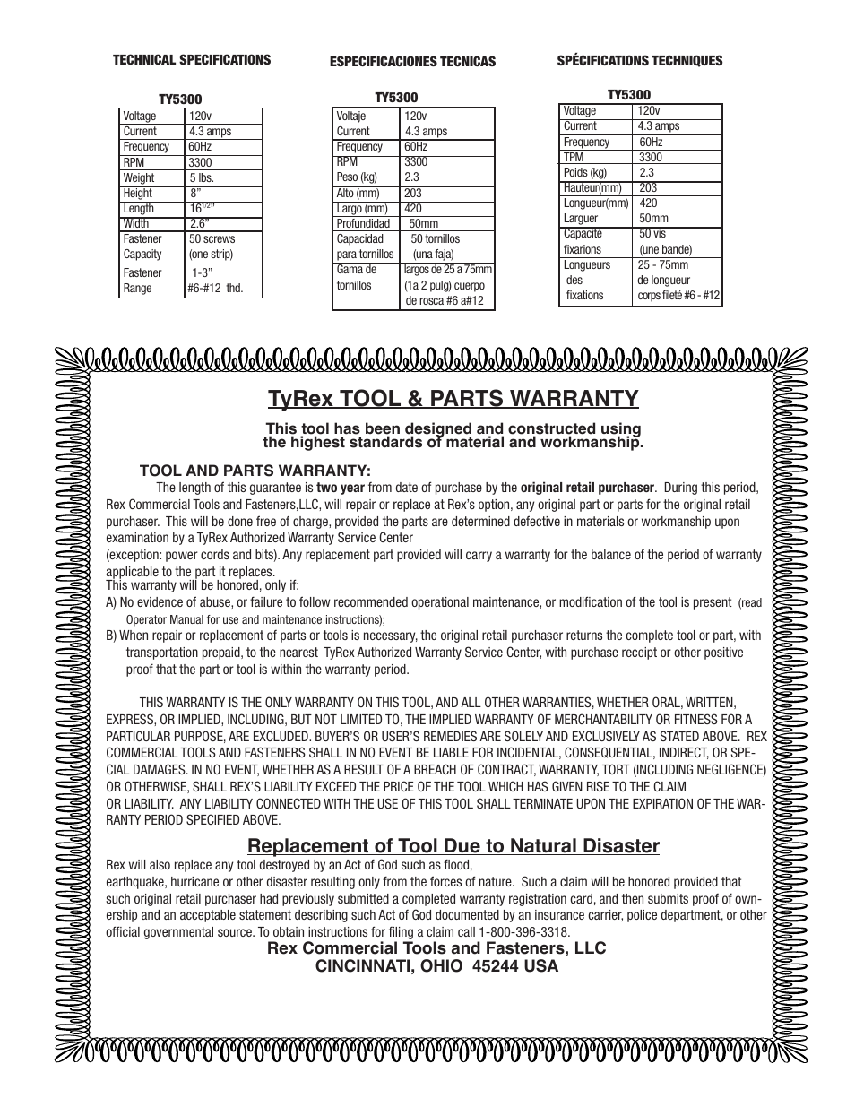 Tyrex tool & parts warranty, Replacement of tool due to natural disaster | Tyrex TY5300 User Manual | Page 15 / 15