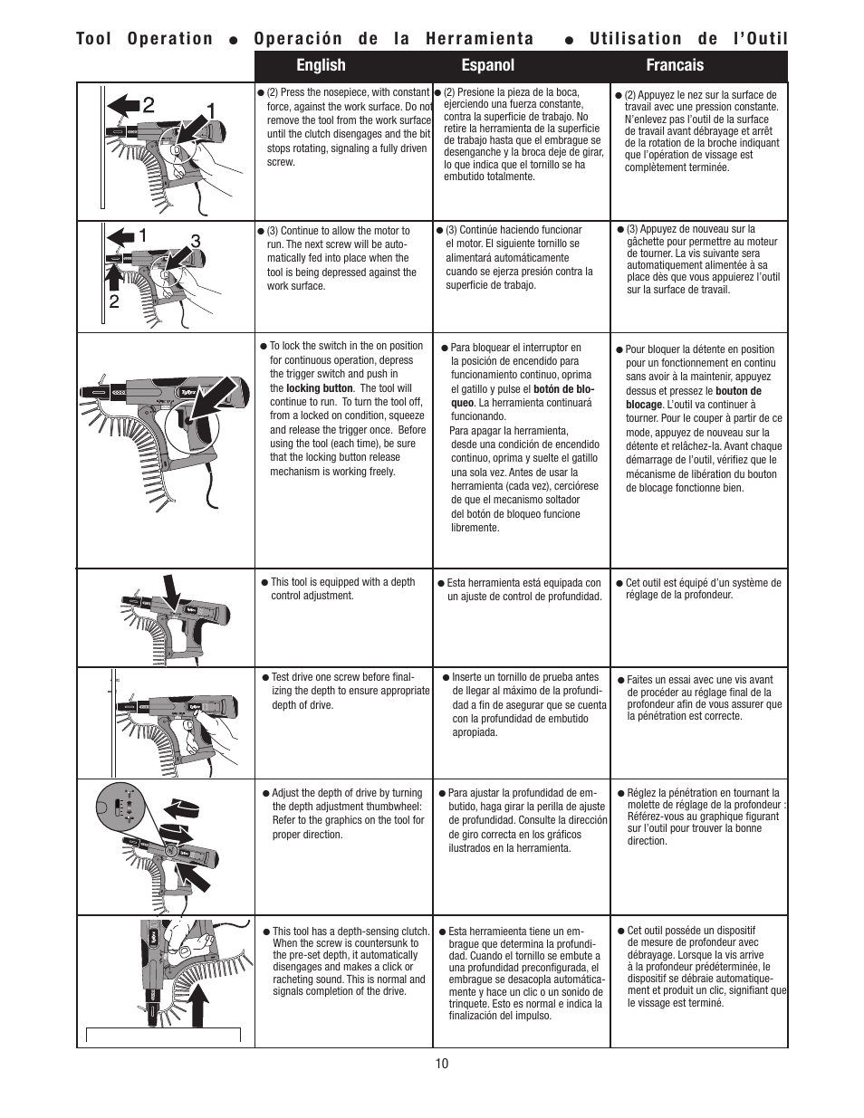 Tool operation, Operación de la herramienta, Utilisation de l’outil | English espanol francais | Tyrex TY5100 User Manual | Page 10 / 16