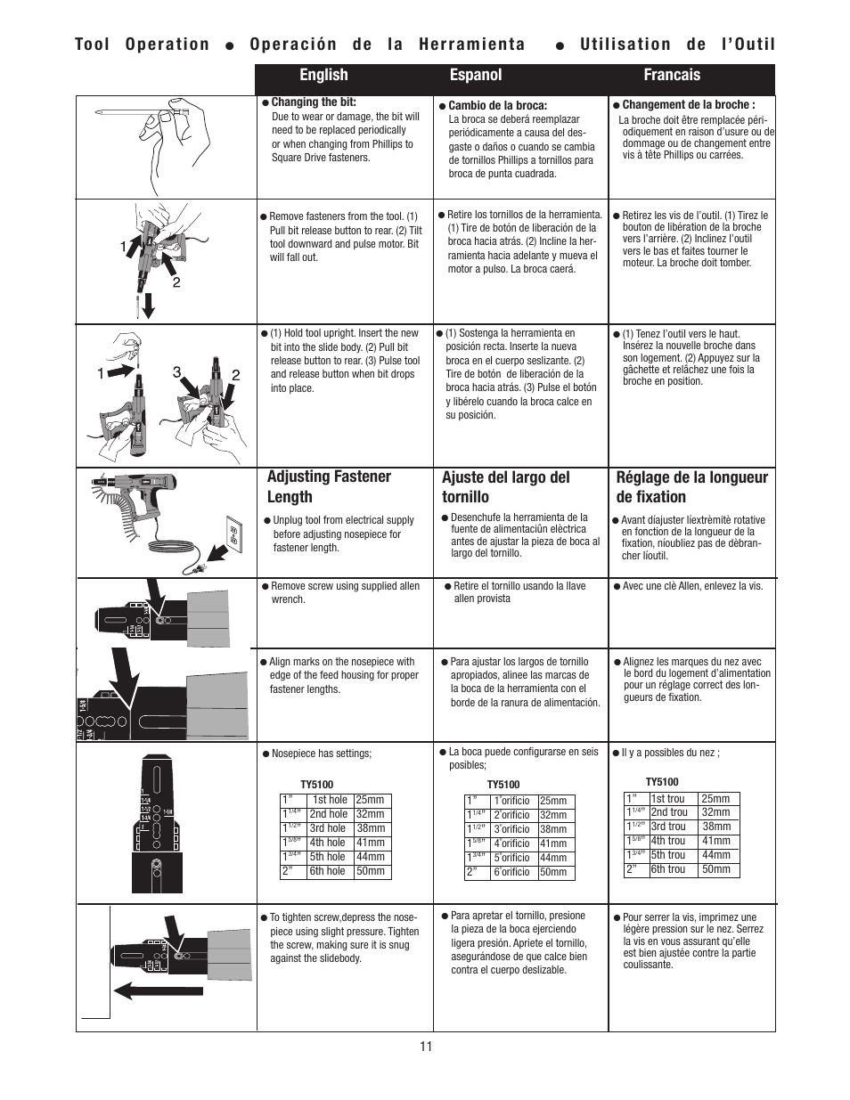 Tool operation, Operación de la herramienta, Utilisation de l’outil | English espanol francais, Adjusting fastener length, Ajuste del largo del tornillo, Réglage de la longueur de fixation | Tyrex TY5100 User Manual | Page 11 / 16