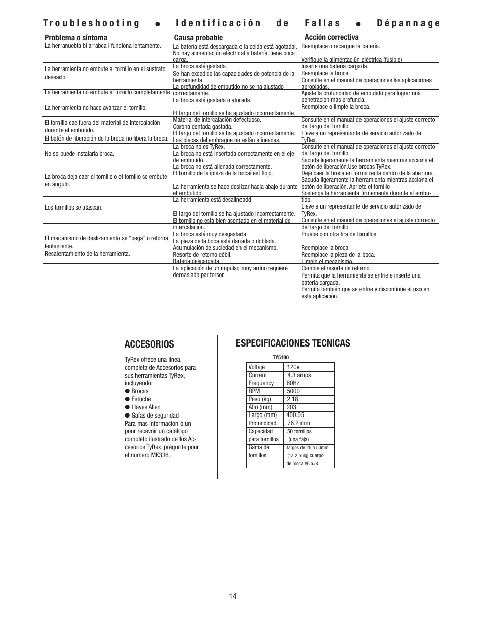 Accesorios especificaciones tecnicas | Tyrex TY5100 User Manual | Page 14 / 16