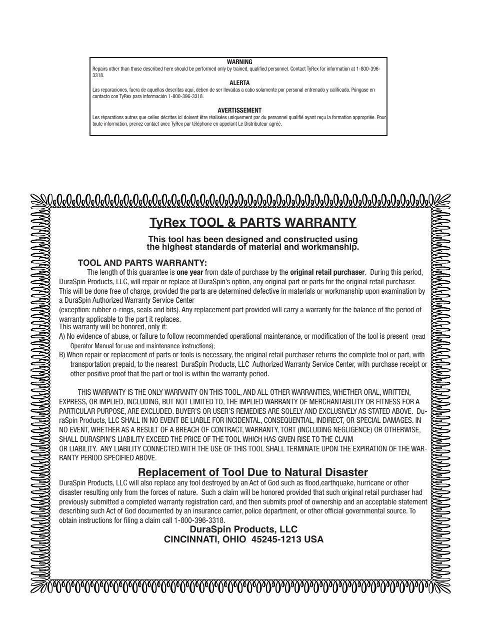 Tyrex tool & parts warranty, Replacement of tool due to natural disaster | Tyrex TY5100 User Manual | Page 16 / 16