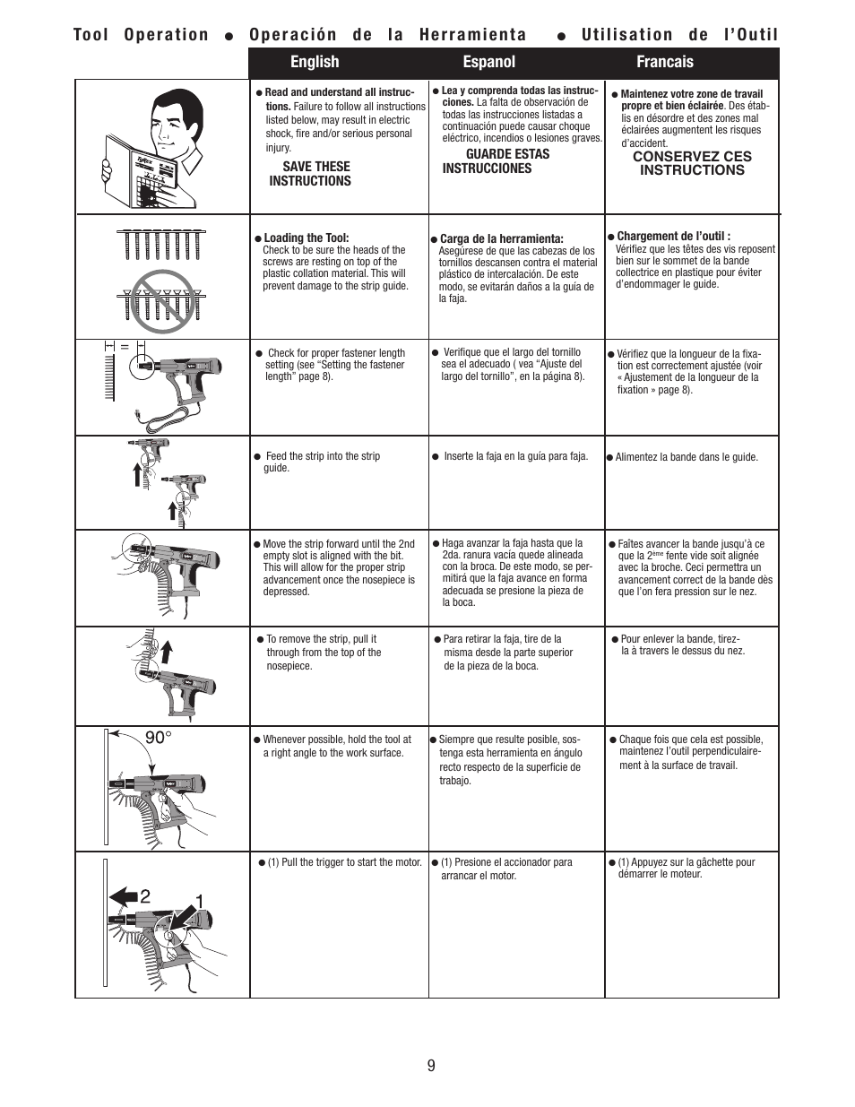Tool operation, Operación de la herramienta, Utilisation de l’outil | English espanol francais | Tyrex TY5100 User Manual | Page 9 / 16
