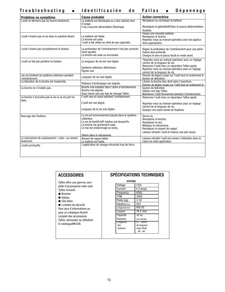 Accessoires, Spécifications techniques | Tyrex DCF5000 User Manual | Page 15 / 16