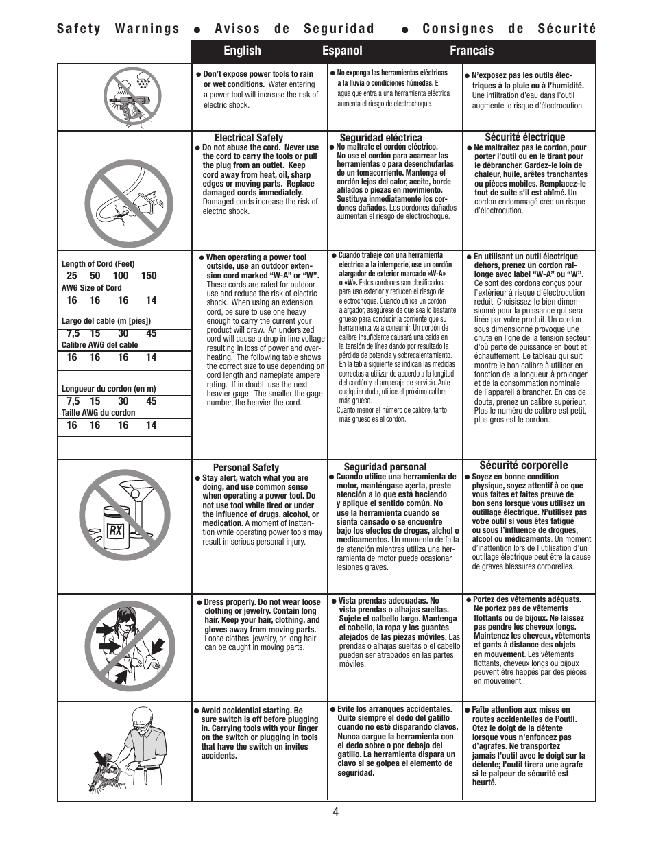 4english espanol francais, Sécurité corporelle | Tyrex DCF5000 User Manual | Page 4 / 16
