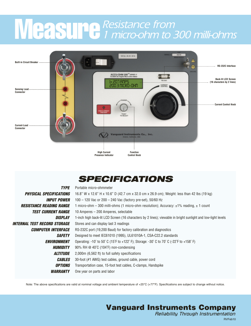 Measure, Resistance from 1 micro-ohm to 300 milli-ohms, Specifications | Vanguard instruments company | Vanguard Accu-Ohm 200 S2 User Manual | Page 3 / 4