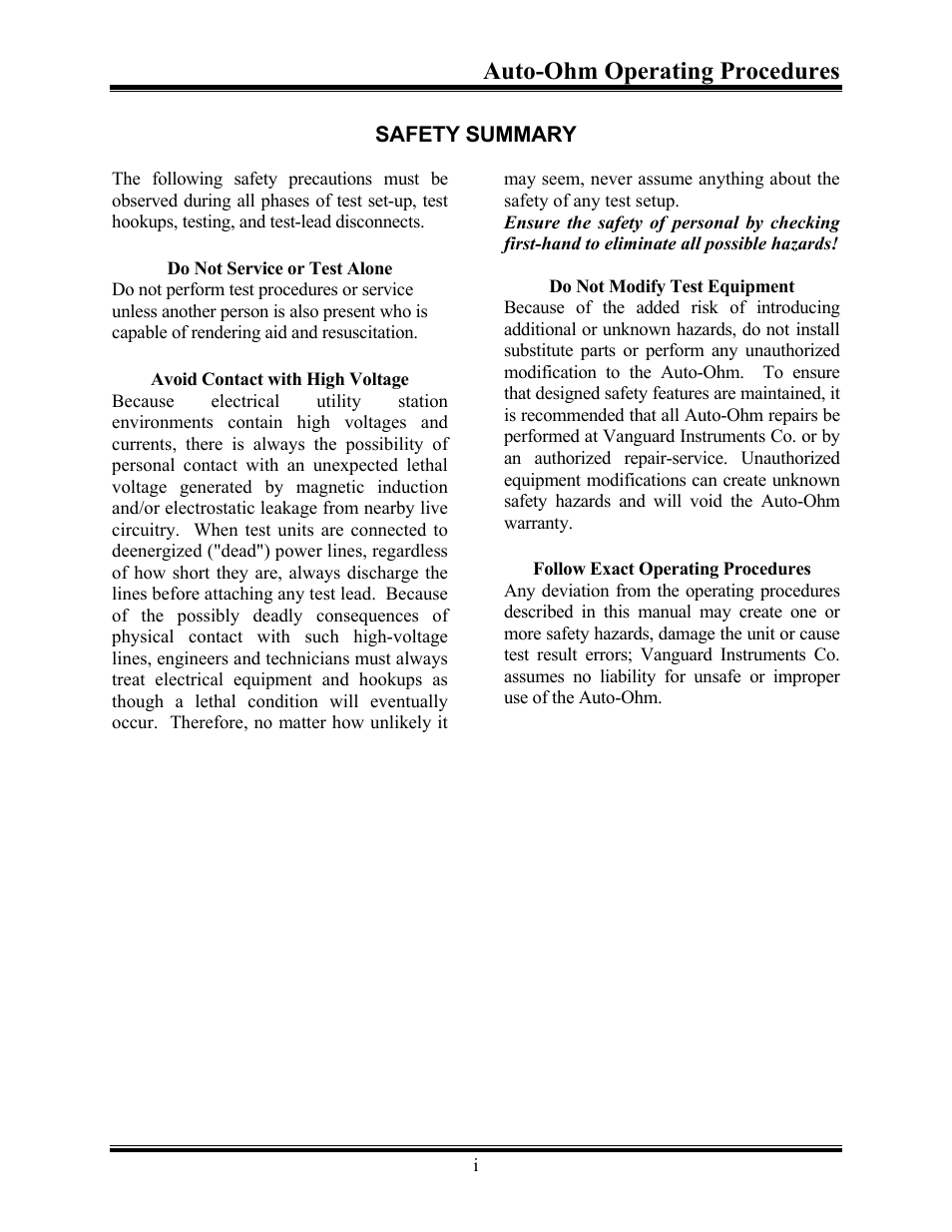 Safety summary, Do not service or test alone, Avoid contact with high voltage | Do not modify test equipment, Follow exact operating procedures, Auto-ohm operating procedures | Vanguard Auto-Ohm User Manual | Page 3 / 22