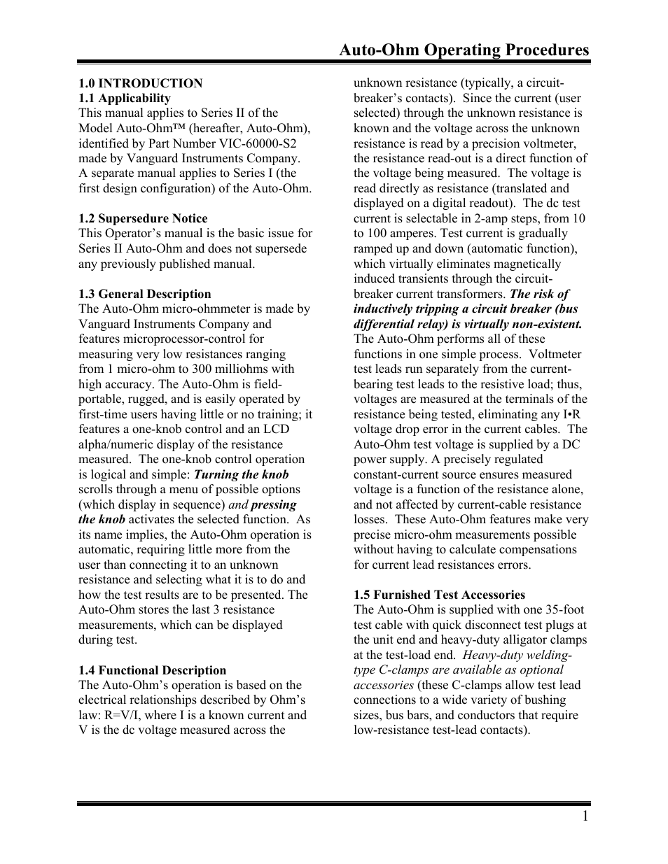 Introduction, Furnished test accessories, Auto-ohm operating procedures | Vanguard Auto-Ohm User Manual | Page 5 / 22