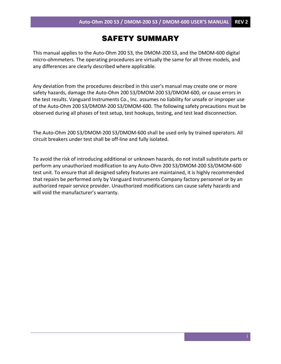Safety summary | Vanguard DMOM‐600 User Manual | Page 2 / 66