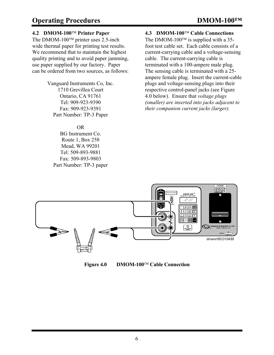 2 dmom-100, Printer paper, 3 dmom-100 | Cable connections, Figure 4.0 dmom-100, Cable connection, Operating procedures dmom-100 | Vanguard DMOM-100 User Manual | Page 12 / 35