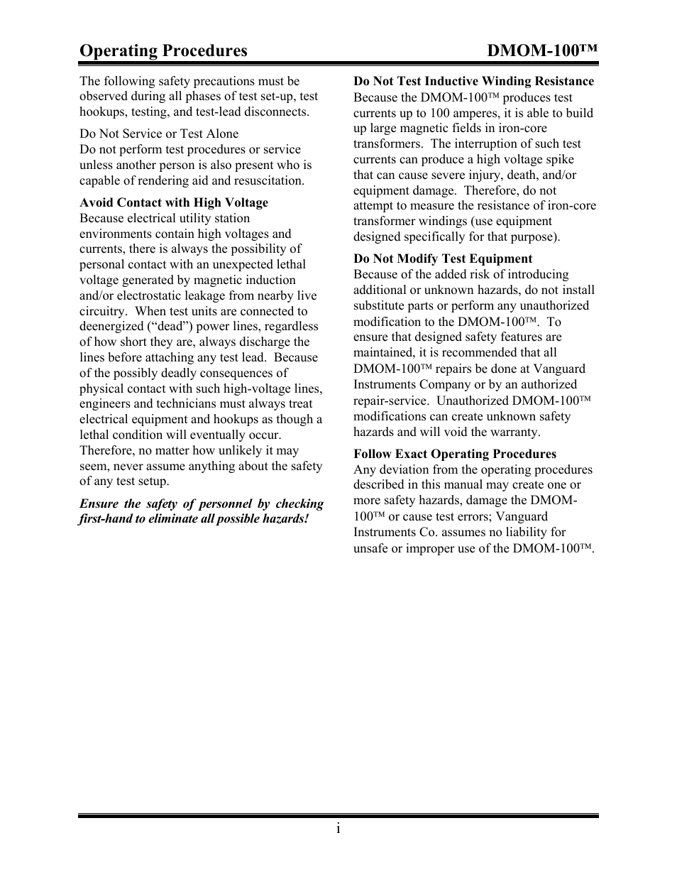 Operating procedures dmom-100 | Vanguard DMOM-100 User Manual | Page 3 / 35