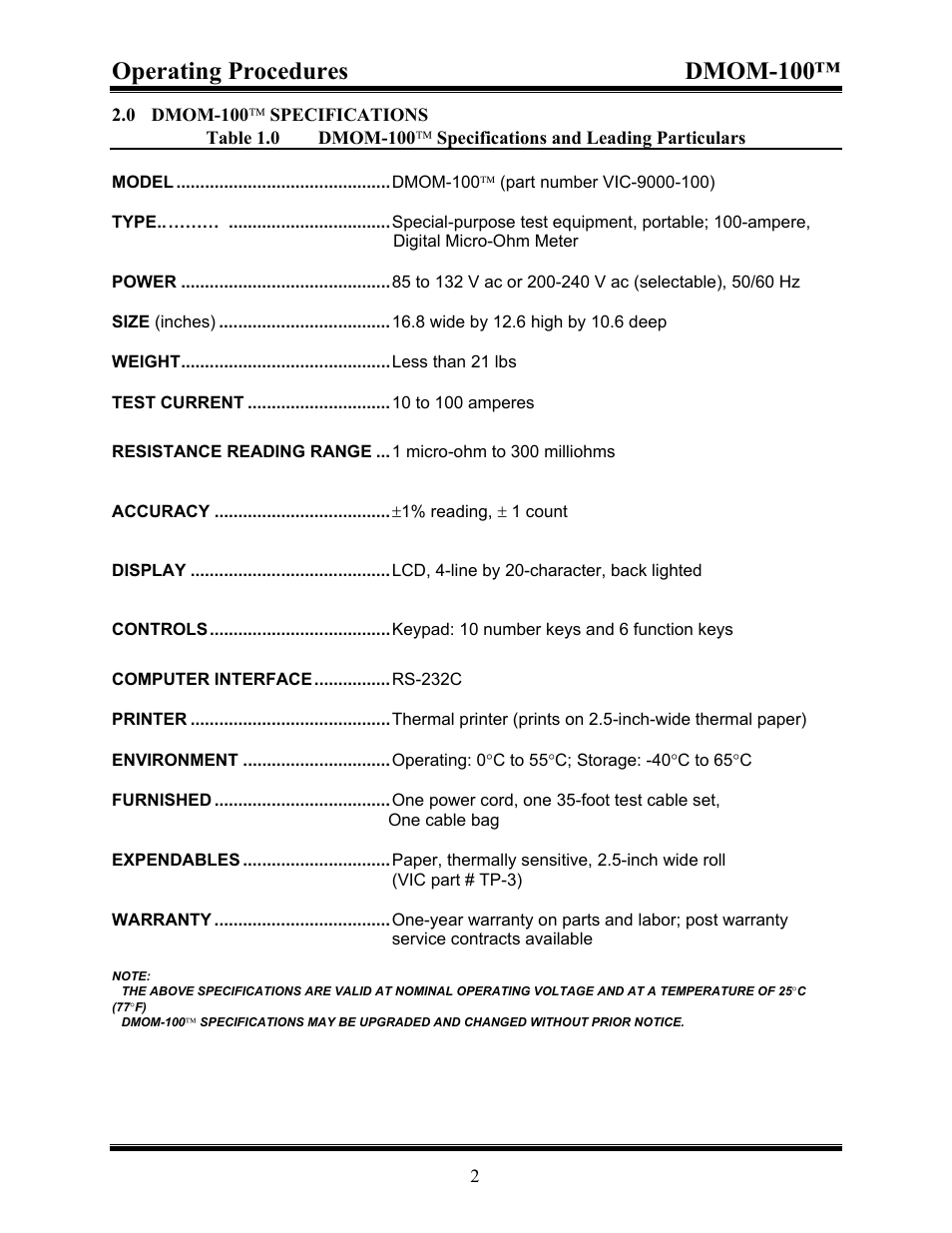 0 dmom-100, Specifications, Table 1.0 dmom-100 | Specifications and leading particulars, Operating procedures dmom-100 | Vanguard DMOM-100 User Manual | Page 8 / 35