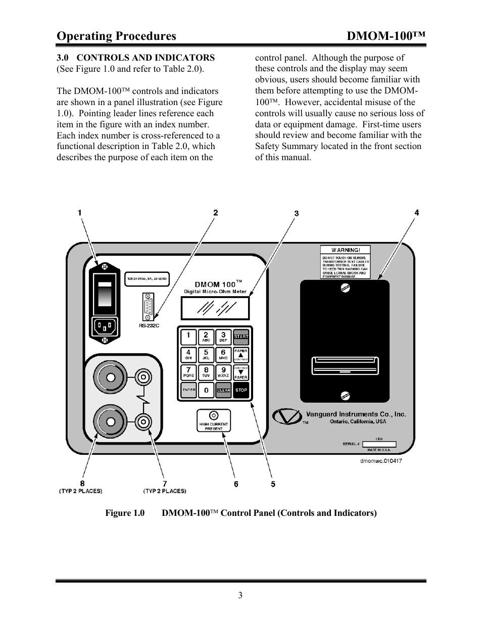 0 controls and indicators, Figure 1.0 dmom-100, Control panel (controls and indicators) | Operating procedures dmom-100 | Vanguard DMOM-100 User Manual | Page 9 / 35