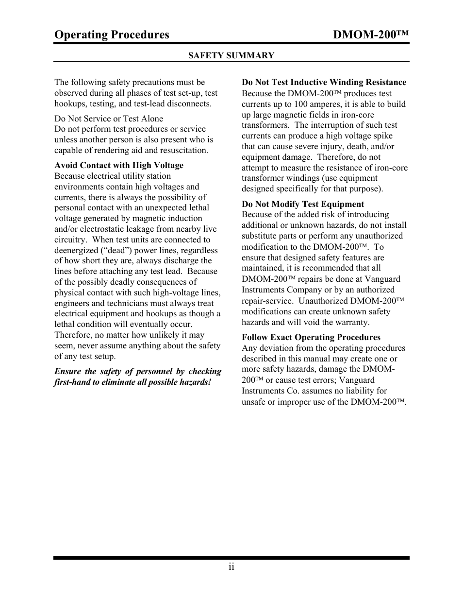 Operating procedures dmom-200 | Vanguard DMOM-200 User Manual | Page 2 / 33