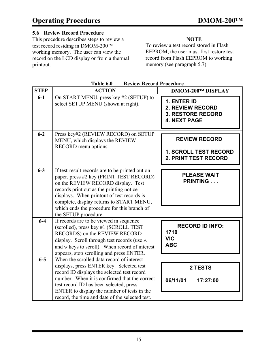 7restore record procedure, Restore record procedures, 7 restore record procedure | Table 7.0 restore record procedures, Operating procedures dmom-200 | Vanguard DMOM-200 User Manual | Page 21 / 33