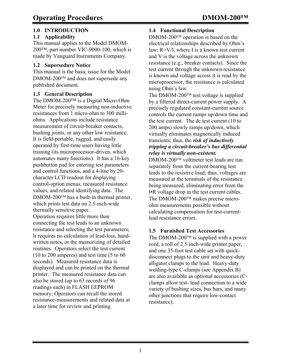 Introduction, 1applicability, 2supersedure notice | 3general description, 4functional description, 5furnished test accessories, 0 introduction, Operating procedures dmom-200 | Vanguard DMOM-200 User Manual | Page 5 / 33